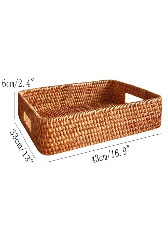 i-lan 17 Inch Oversize Handmade Rectangular Serving Trays with Cutout Handles and 2.3” Wall,Decorative Rattan Woven Storage Baskets Organizer Plate Tray for Bread,Fruits,Catch All Dish,XL,Brown - Image 2