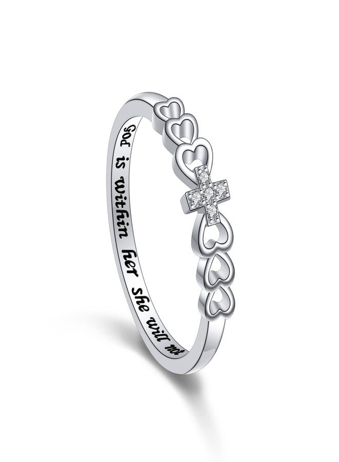 Alphm S925 Sterling Silver Christian Cross Heart Inspirational Faith Bible Verse Ring for Women Teen Jewelry - Image 1