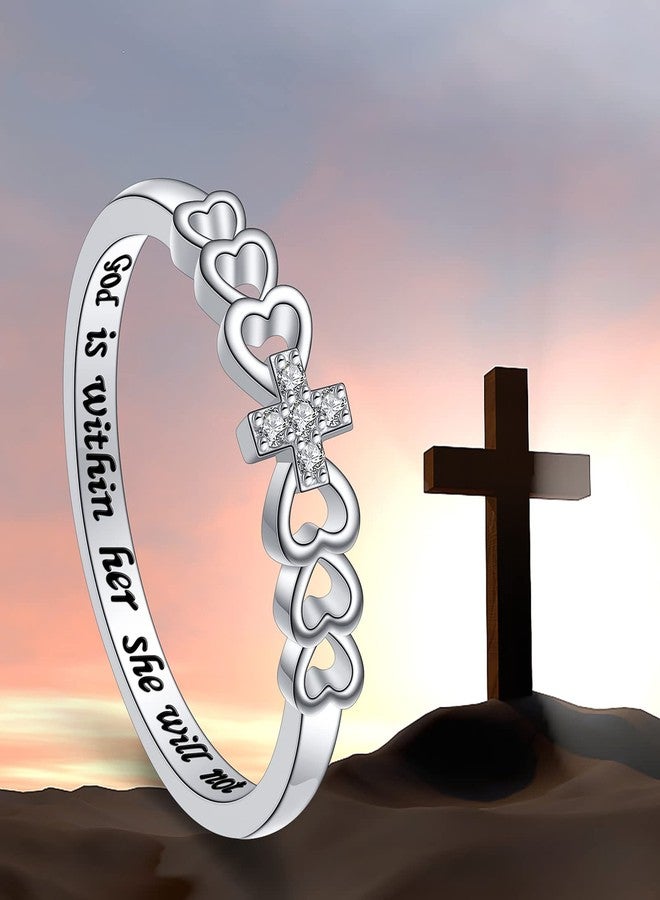 Alphm S925 Sterling Silver Christian Cross Heart Inspirational Faith Bible Verse Ring for Women Teen Jewelry - Image 4