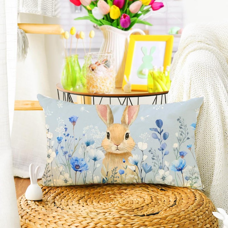 RABUSOFA Easter Bunny Blue Throw Pillow Cover,12x20 Inch Rabbit Poppy Flowers Pillow Case Decoration for Sofa Couch(5-12) (12" x 20" (Pack of 1)) - Image 4