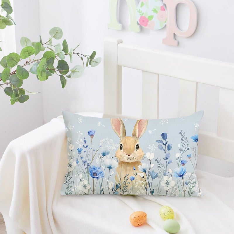 RABUSOFA Easter Bunny Blue Throw Pillow Cover,12x20 Inch Rabbit Poppy Flowers Pillow Case Decoration for Sofa Couch(5-12) (12" x 20" (Pack of 1)) - Image 2