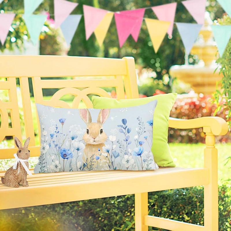 RABUSOFA Easter Bunny Blue Throw Pillow Cover,12x20 Inch Rabbit Poppy Flowers Pillow Case Decoration for Sofa Couch(5-12) (12" x 20" (Pack of 1)) - Image 3