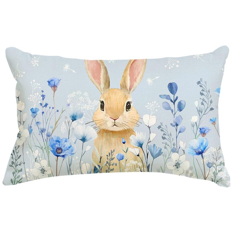 RABUSOFA Easter Bunny Blue Throw Pillow Cover,12x20 Inch Rabbit Poppy Flowers Pillow Case Decoration for Sofa Couch(5-12) (12" x 20" (Pack of 1)) - Image 1