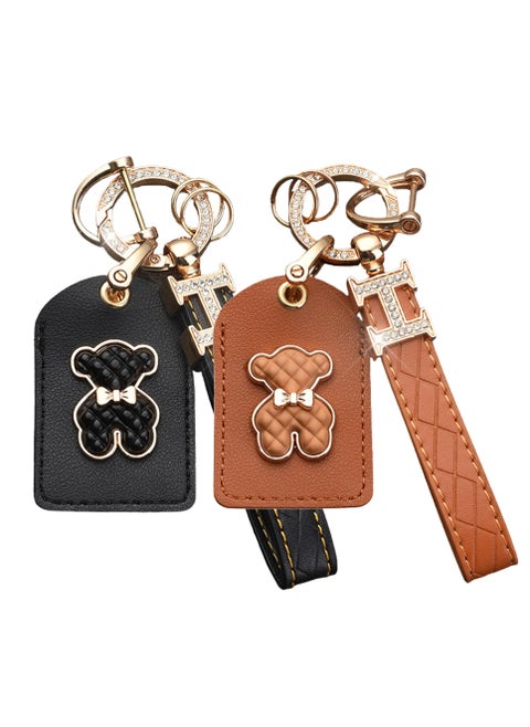 2 Pack Leather Case for AirTag Holder with Keychain, Hidden Waterproof Case for AirTag with Key Ring, GPS Tracker Protective Cover for AirTag for Key Wallet Travel, Anti-Lost Secure (Black, Brown)