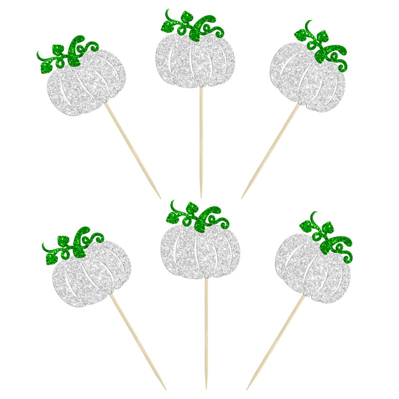 Ephlyn 24Pcs Pumpkin Cupcake Toppers Baby Shower Decorations Pumpkin Birthday Decorations Cupcake Picks Pumpkin Gender Reveal Cupcake Toppers Party Supplies Silver - Image 3