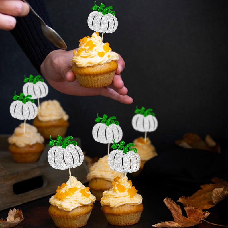 Ephlyn 24Pcs Pumpkin Cupcake Toppers Baby Shower Decorations Pumpkin Birthday Decorations Cupcake Picks Pumpkin Gender Reveal Cupcake Toppers Party Supplies Silver - Image 5