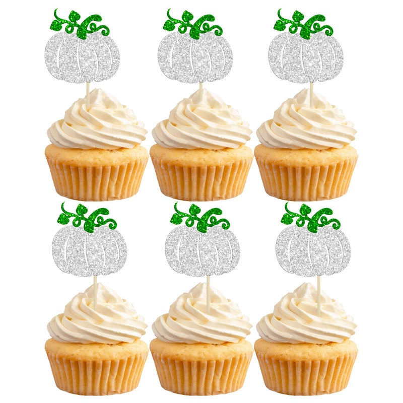 Ephlyn 24Pcs Pumpkin Cupcake Toppers Baby Shower Decorations Pumpkin Birthday Decorations Cupcake Picks Pumpkin Gender Reveal Cupcake Toppers Party Supplies Silver - Image 1