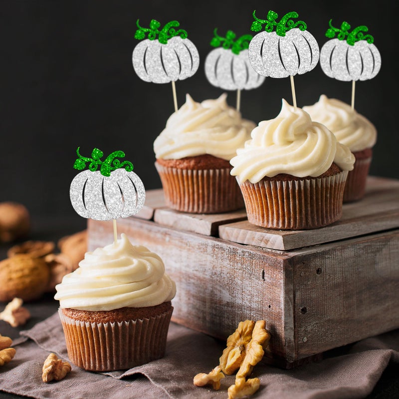 Ephlyn 24Pcs Pumpkin Cupcake Toppers Baby Shower Decorations Pumpkin Birthday Decorations Cupcake Picks Pumpkin Gender Reveal Cupcake Toppers Party Supplies Silver - Image 4