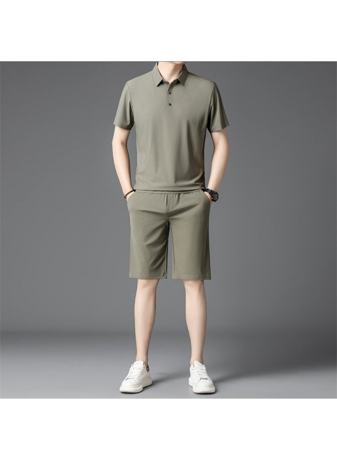Ice Silk Short Sleeve Dad Outfit Summer Thin Elastic Sportswear Two-Piece Set Lightweight Casual Wear for Middle-Aged Men - Image 1