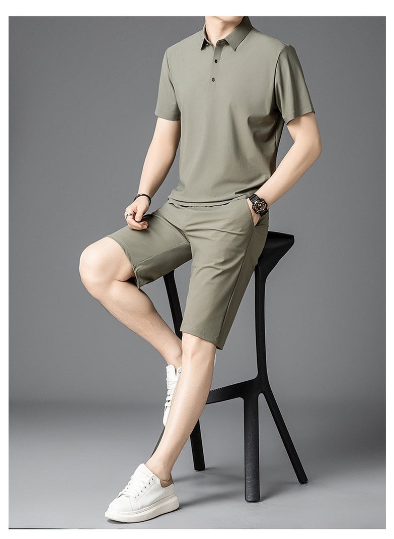 Ice Silk Short Sleeve Dad Outfit Summer Thin Elastic Sportswear Two-Piece Set Lightweight Casual Wear for Middle-Aged Men - Image 2