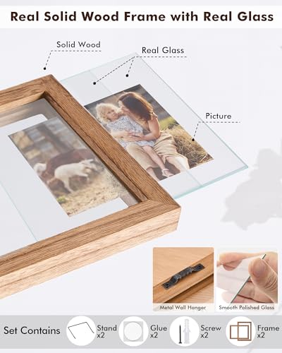 DLQuarts 5x7 Floating Picture Frames for 4x6/3.5x5 Photos, 2-Pack Solid Wood Double Polished Glass Floating Frame for Wall & Tabletop, Postcards and Any Size Photo up to 5x7 Display, Carbonized Wood - Image 5