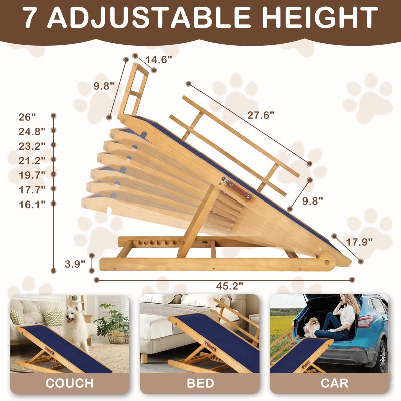 OUTDOOR DIAMOND Dog Ramp for Beds, Cars, Couches, Dog Steps Anti-Slip Surface, Dogs Ramps for Old Small Pet,High Traction with Platform, 7 Adjustable Heights 16" to 27" Up, Portable Stairs Design for Dogs, 45.3" Long - Image 3