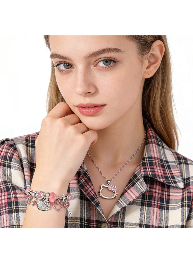Sanrio 2 PCS Cartoon Kitty Bracelets and Necklace Set For Valentine's Day Beads Charms Adjustable Stainless Steel Chain Accessories Cute Stuff Bangle for Women for girl birthday - Image 5