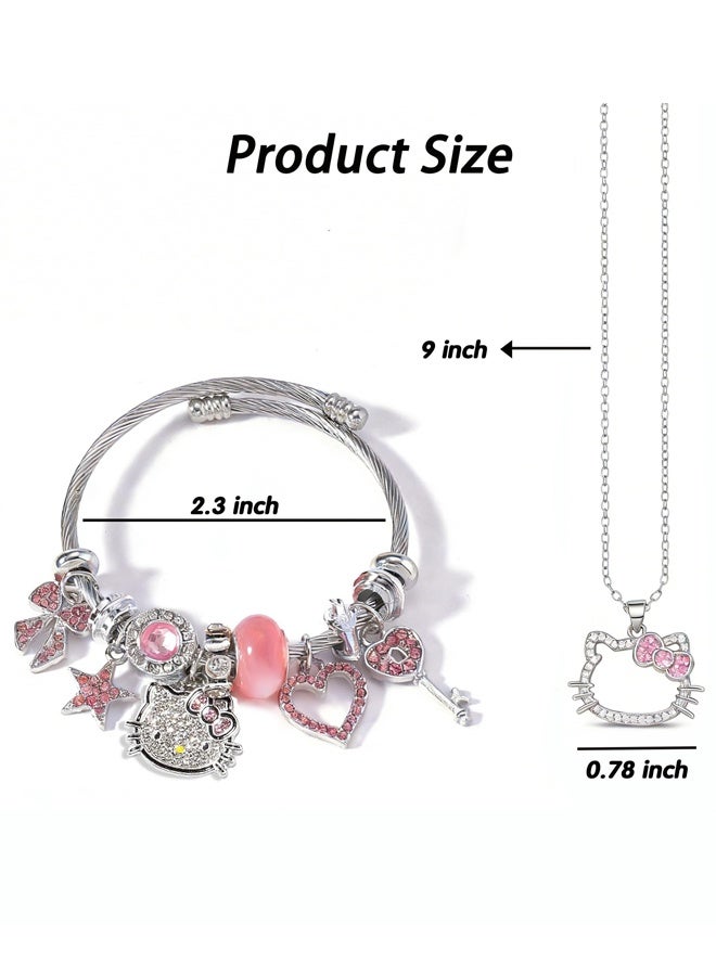 Sanrio 2 PCS Cartoon Kitty Bracelets and Necklace Set For Valentine's Day Beads Charms Adjustable Stainless Steel Chain Accessories Cute Stuff Bangle for Women for girl birthday - Image 2