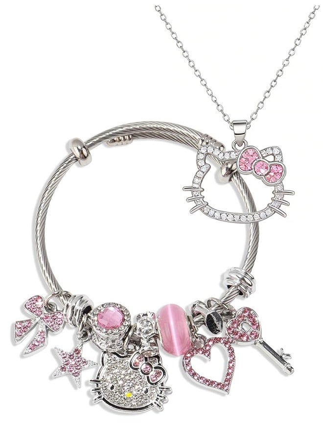 Sanrio 2 PCS Cartoon Kitty Bracelets and Necklace Set For Valentine's Day Beads Charms Adjustable Stainless Steel Chain Accessories Cute Stuff Bangle for Women for girl birthday - Image 1