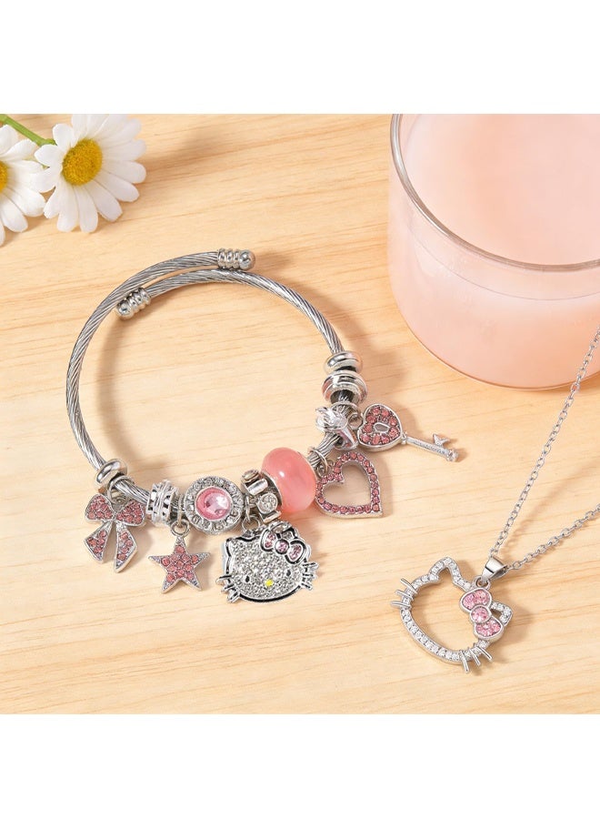 Sanrio 2 PCS Cartoon Kitty Bracelets and Necklace Set For Valentine's Day Beads Charms Adjustable Stainless Steel Chain Accessories Cute Stuff Bangle for Women for girl birthday - Image 3