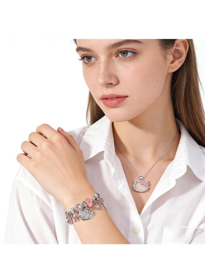 Sanrio 2 PCS Cartoon Kitty Bracelets and Necklace Set For Valentine's Day Beads Charms Adjustable Stainless Steel Chain Accessories Cute Stuff Bangle for Women for girl birthday - Image 4