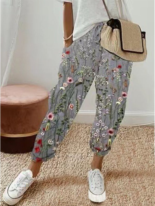2024 Womens Cotton Linen Pants with Pockets gray print