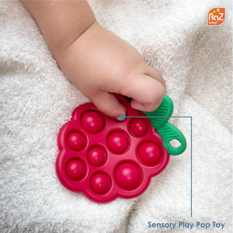 RaZbaby RaZberry Pop Teether for Babies 3 Months & Up - Natural Raspberry Shaped Designed with Soft BPA Free Silicone Poppers - Textured for Sensory Stimulation & Development - Image 5