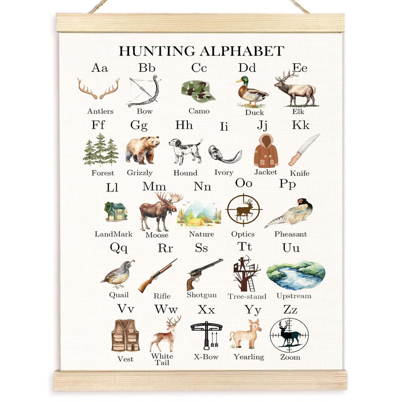 BESERH Hunting Alphabet Nursery Wall Art Posters, Kids Room Wall Decor, ABC Hunting Alphabet Educational Canvas Prints Artwork Framed for Toddler Kids Bedroom Nursery Classroom, 12x16 Inch - Image 1