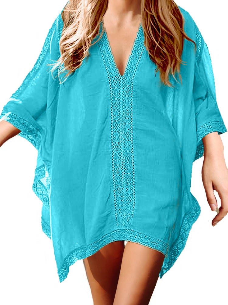 2024 Cross-Border Export Plus Size Women's Loose Lace Splicing Sun Protection Sand Clothing Seaside Travel Women's Beach Cover-Up(Lake Blue, All yards) - Image 1