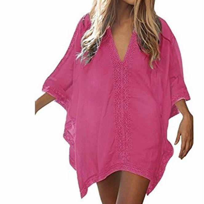 2024 Cross-Border Export Plus Size Women's Loose Lace Splicing Sun Protection Sand Clothing Seaside Travel Women's Beach Cover-Up(Lake Blue, All yards) - Image 4