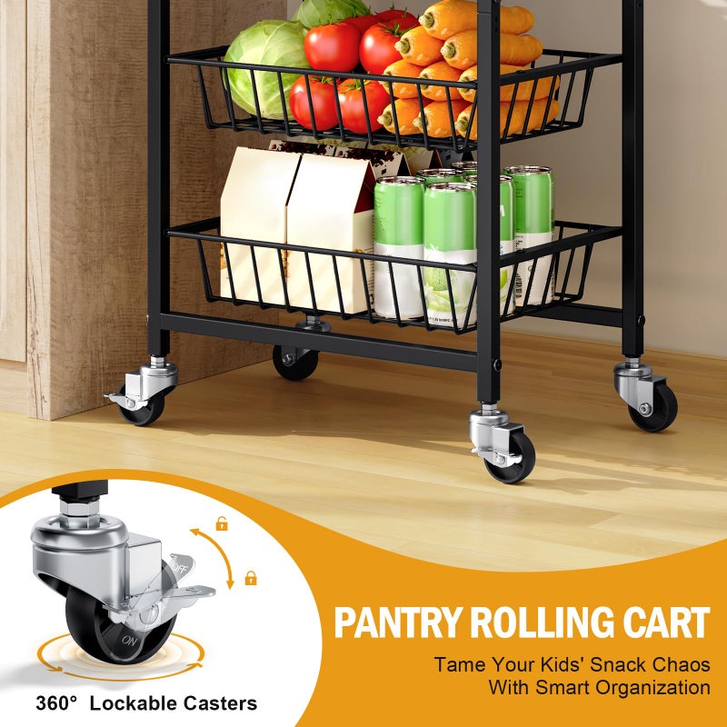 TOOLF 5-Tier Kitchen Storage Cart with Tabletop, Rolling Snack Cart with Lockable Wheels, Fruit Vegetable Basket with 4 Pack Mats, Metal Storage Rack with Pull-Out Pantry Trolley for Organizer - Image 4