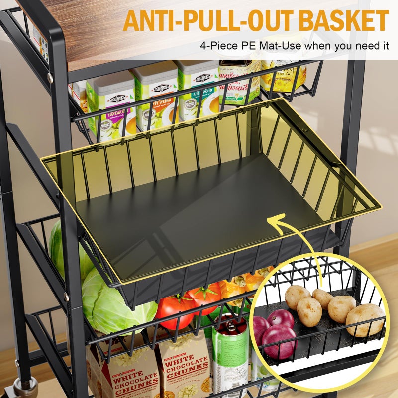 TOOLF 5-Tier Kitchen Storage Cart with Tabletop, Rolling Snack Cart with Lockable Wheels, Fruit Vegetable Basket with 4 Pack Mats, Metal Storage Rack with Pull-Out Pantry Trolley for Organizer - Image 3