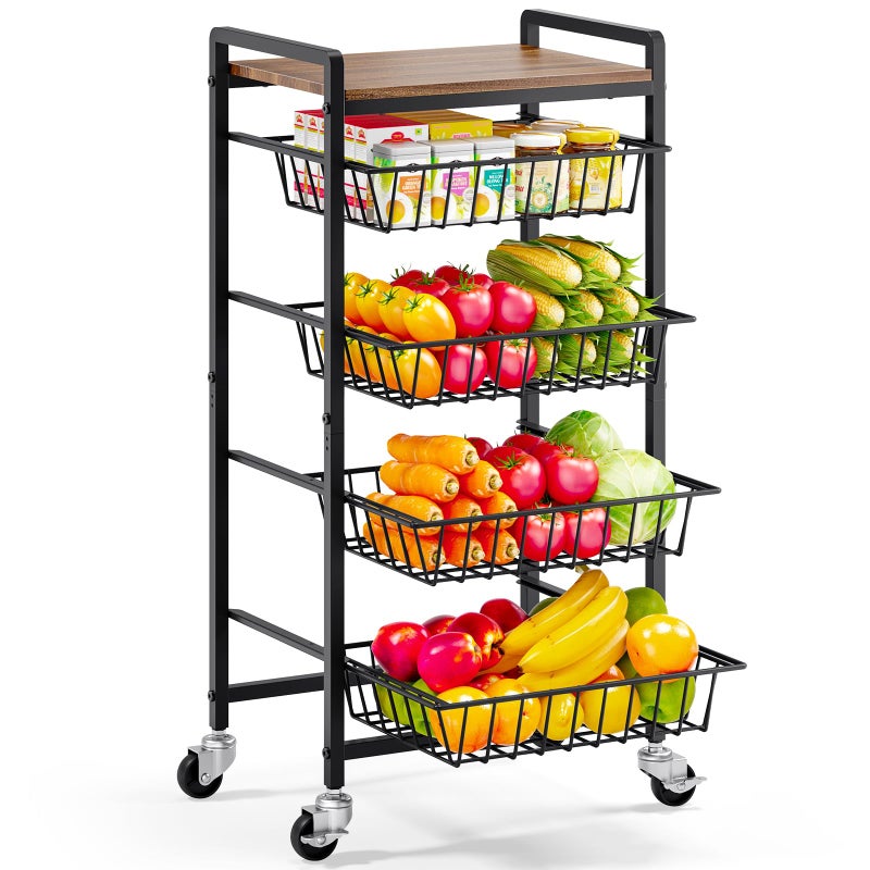 TOOLF 5-Tier Kitchen Storage Cart with Tabletop, Rolling Snack Cart with Lockable Wheels, Fruit Vegetable Basket with 4 Pack Mats, Metal Storage Rack with Pull-Out Pantry Trolley for Organizer - Image 1