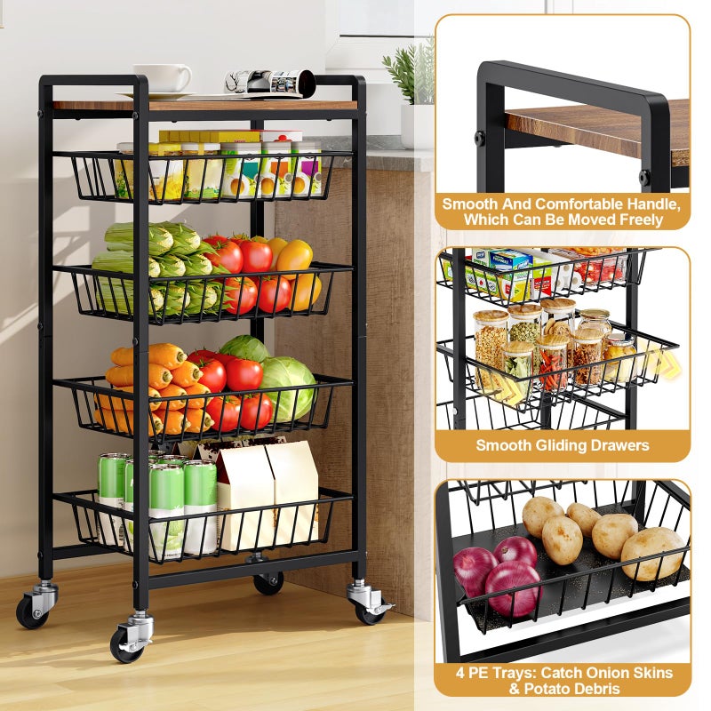 TOOLF 5-Tier Kitchen Storage Cart with Tabletop, Rolling Snack Cart with Lockable Wheels, Fruit Vegetable Basket with 4 Pack Mats, Metal Storage Rack with Pull-Out Pantry Trolley for Organizer - Image 5