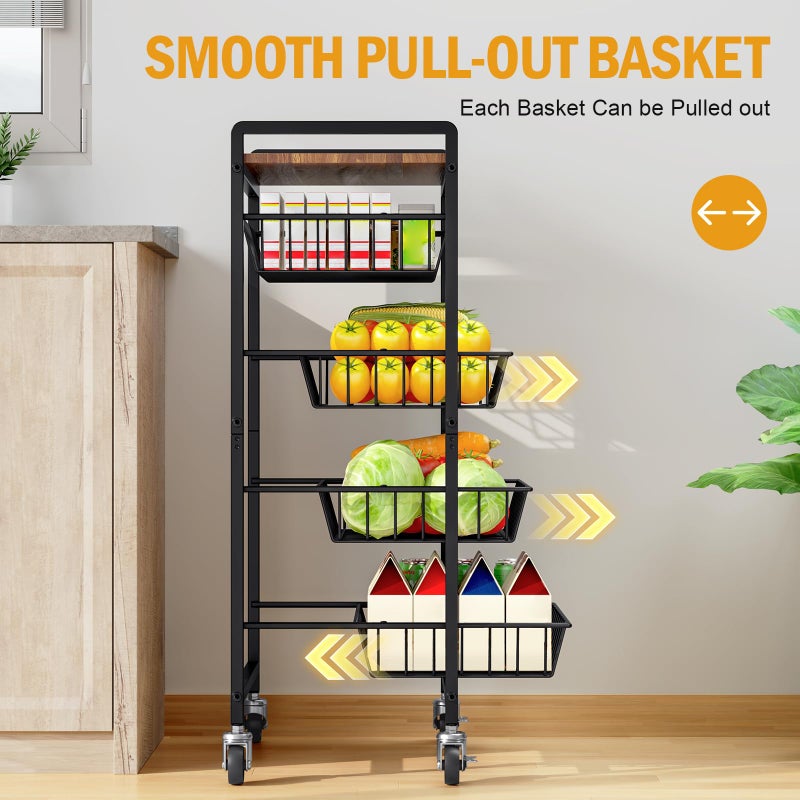 TOOLF 5-Tier Kitchen Storage Cart with Tabletop, Rolling Snack Cart with Lockable Wheels, Fruit Vegetable Basket with 4 Pack Mats, Metal Storage Rack with Pull-Out Pantry Trolley for Organizer - Image 2