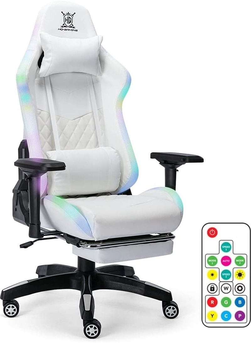Generic - Gaming Chair with RGB LED Light 4D Arm Lumbar Support Swivel Home Office Computer Recliner High Back Racing Gamer Desk Chair White - Image 1