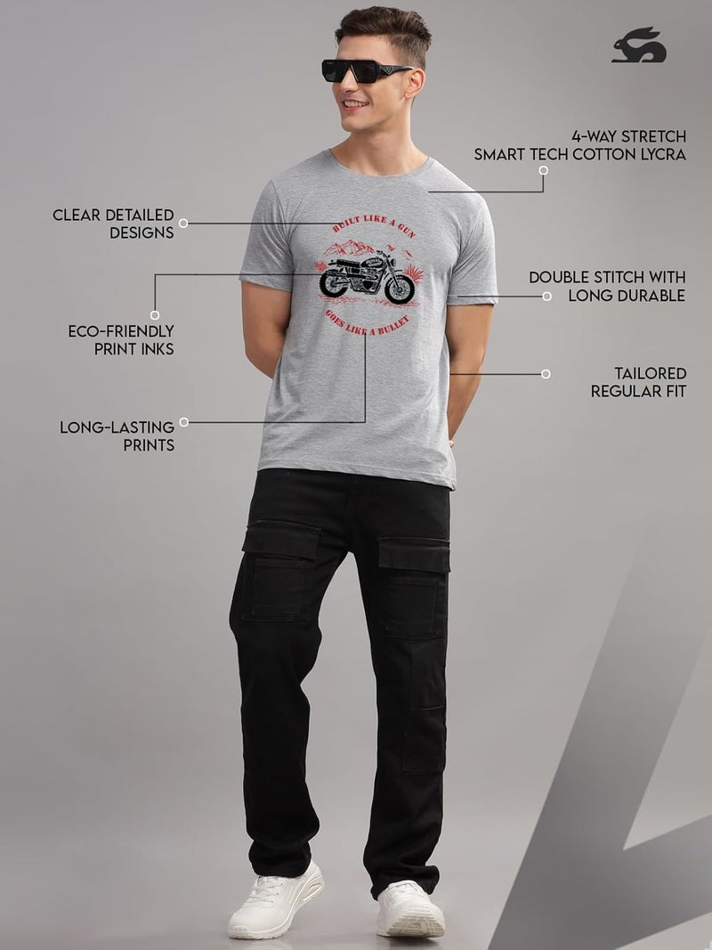 adro تي شيرت ADRO للرجال بتصميم دراجة ملكية مطبوعة 100% قطن - رمادي - Image 5