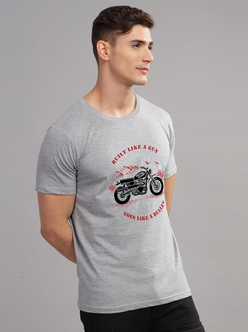 adro تي شيرت ADRO للرجال بتصميم دراجة ملكية مطبوعة 100% قطن - رمادي - Image 4