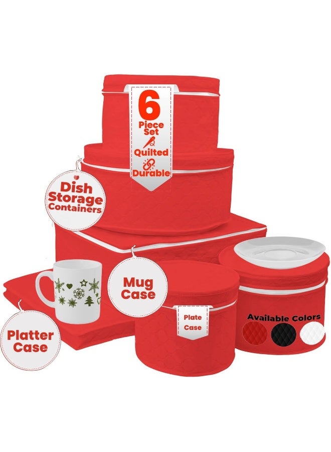 LAMINET 6 Piece Quilted Dinnerware Storage Starter Set  Includes 4 Plate Cases 1 Cup Case  Platter Case  RED - Image 1