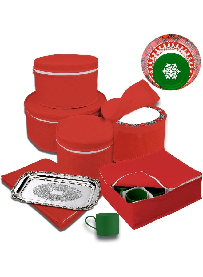 LAMINET 6 Piece Quilted Dinnerware Storage Starter Set  Includes 4 Plate Cases 1 Cup Case  Platter Case  RED - Image 2