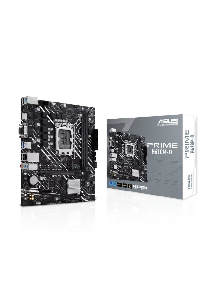 Prime H610M-D DDR5 Intel LGA1700 Micro-ATX Motherboard, Intel H610 Chipset, 2× DDR5 DIMM Slots (Up to 96GB, 4800MHz+), PCIe 4.0 x16 Slot for GPU, 1× M.2 PCIe 3.0 x4 Slot, 4× SATA 6Gb/s Ports, HDMI & VGA Outputs, Realtek 1Gb Ethernet LAN, USB 3.2 Gen1 & USB 2.0 Ports, RGB Header, 5X Protection III, UEFI BIOS, Micro-ATX Form Factor | 90MB1G80-M0EAY0 black