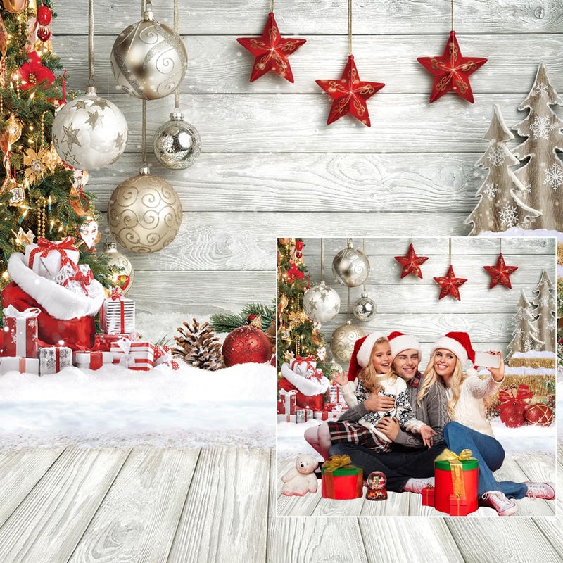 CHAIYA 8X8FT Christmas Backdrop White Wood Floor Photography Backdrop Winter Snow Xmas Tree Gift Family Party Background New Year Party Decoration Backdrop