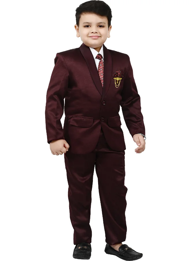 BT DEZINES Maroon Satin Suit Set for Boys