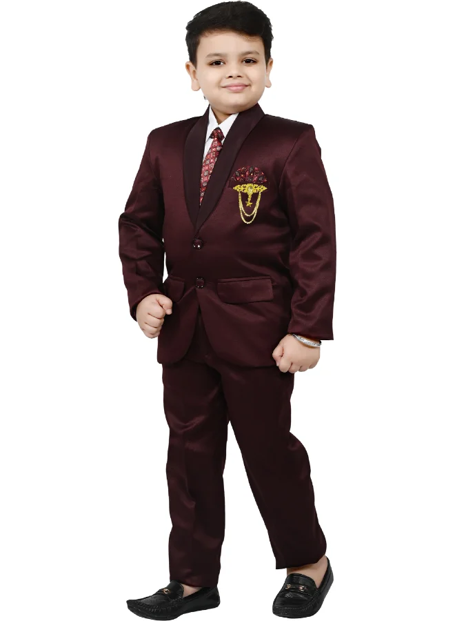 BT DEZINES Maroon Satin Suit Set for Boys