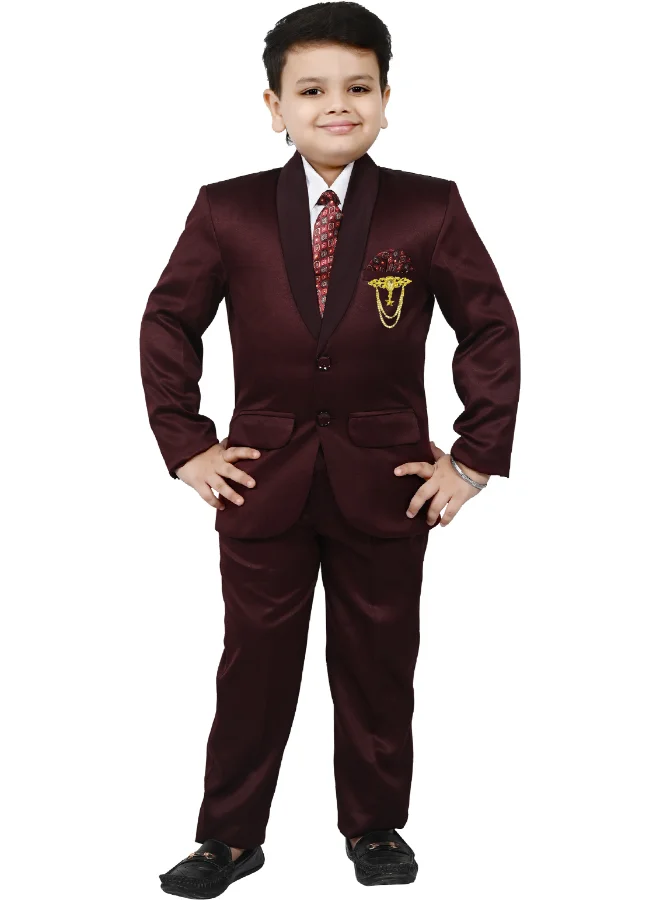 BT DEZINES Maroon Satin Suit Set for Boys
