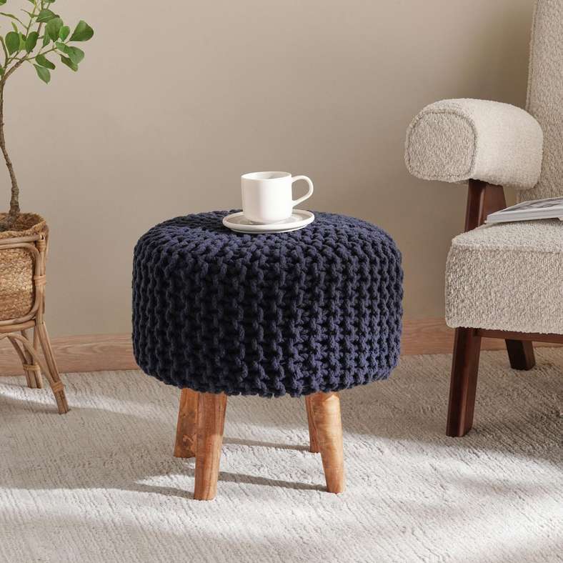 Pan Home Vivian Cable Knit Foot Stool 40x40 cm -Blue