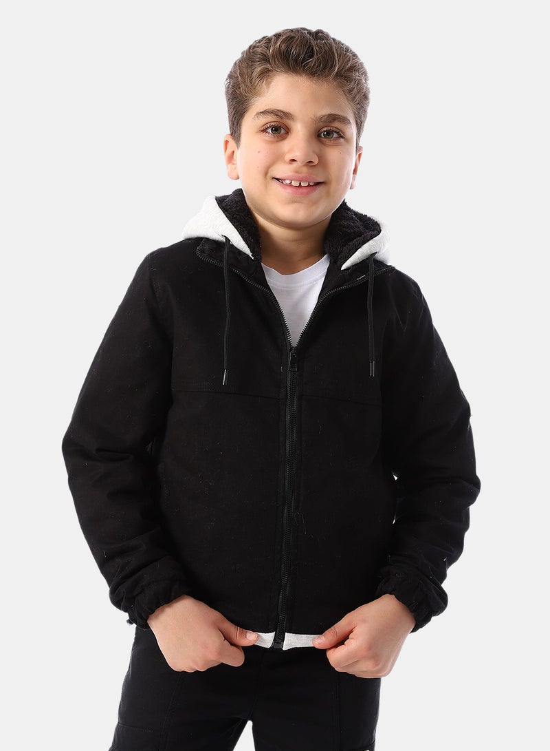 Andora Bi Tone Gabardine Boys' Hooded Jacket - Black & White - Image 1