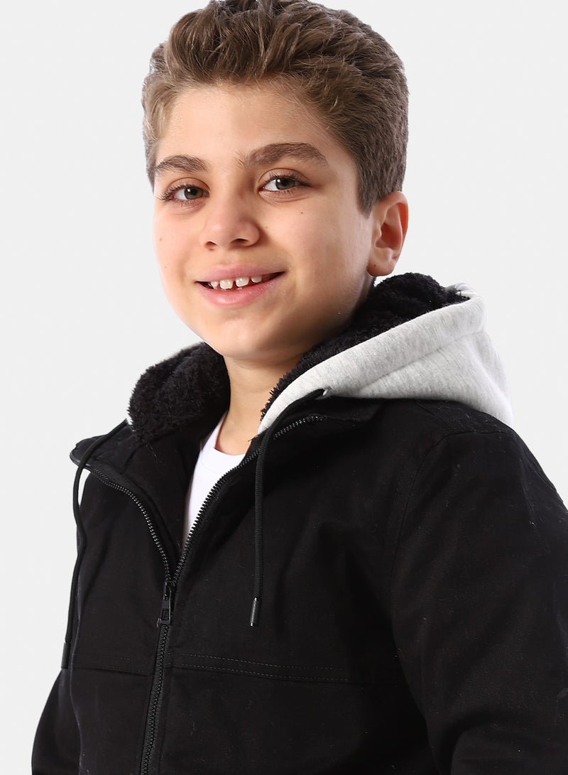 Andora Bi Tone Gabardine Boys' Hooded Jacket - Black & White - Image 4