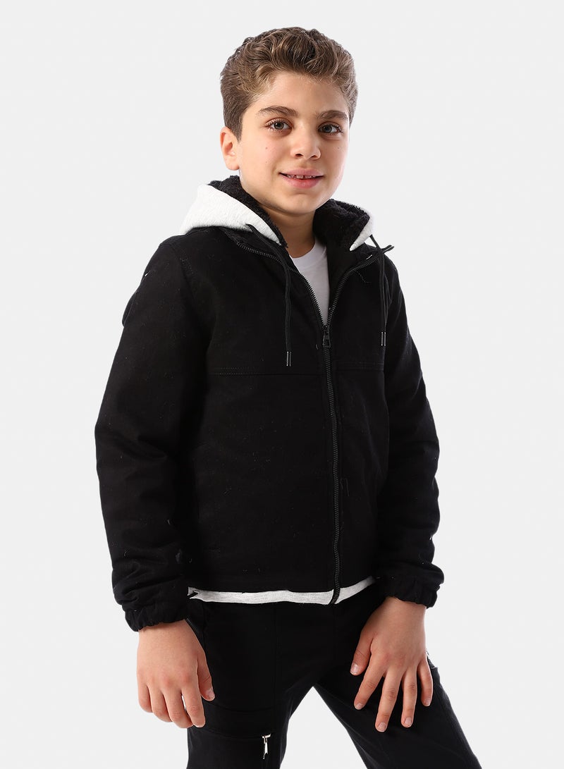 Andora Bi Tone Gabardine Boys' Hooded Jacket - Black & White - Image 2