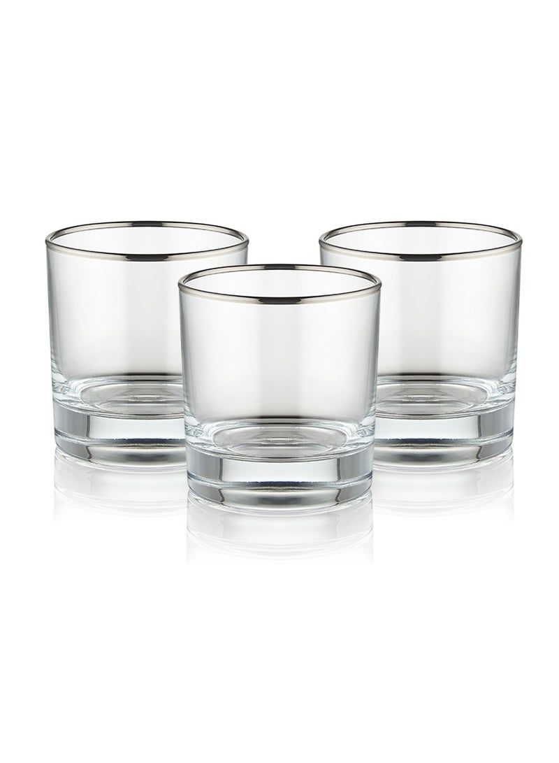BLACKSTONE Set of 3 Short Silver Rim Tumblers Glass Double Old Fashioned Rocks Glass 300ML, Made In Turkey - Image 1