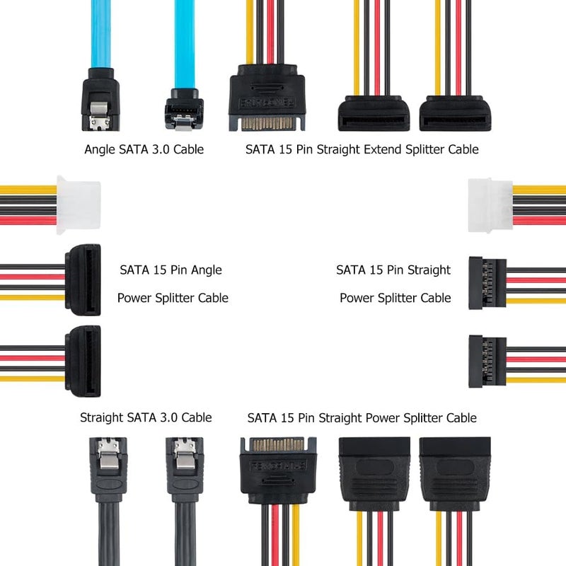 findTop Set of 6, SATA Power Splitter Cord and SATA III Cable 6.0 Gbps, Straight and 90 Degree SATA 3.0 Cable, SATA 15 Pin Male to 2xSATA 15 Pin Power Splitter Cable - Image 2