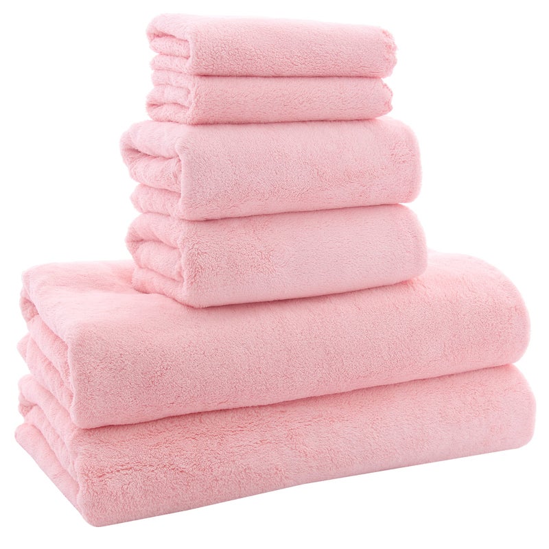 MOONQUEEN Ultra Soft Towel Set - Quick Drying - 2 Bath Towels 2 Hand Towels 2 Washcloths - Microfiber Coral Velvet Highly Absorbent Towel for Fitness, Bathroom, Sports, Yoga, Travel (Pink, 6 Pcs) - Image 1