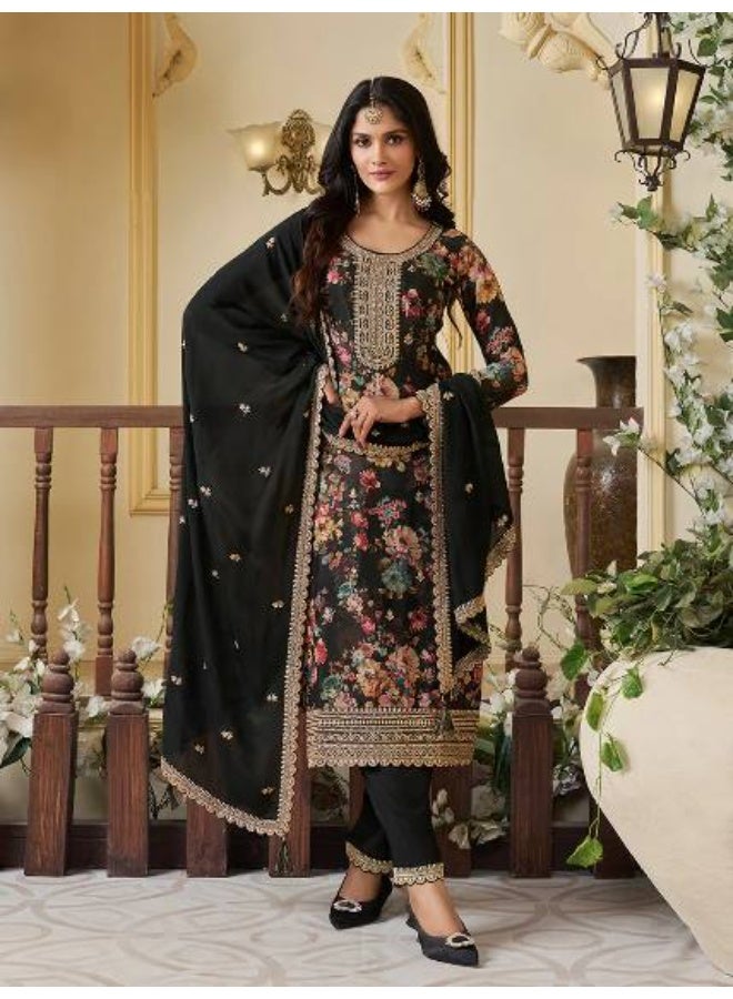 Super Asian Elegant Pure Chiffon Silk Digital Printed Suit Set with Embroidery Sequence Coding Work | Pant & Dupatta - Image 1