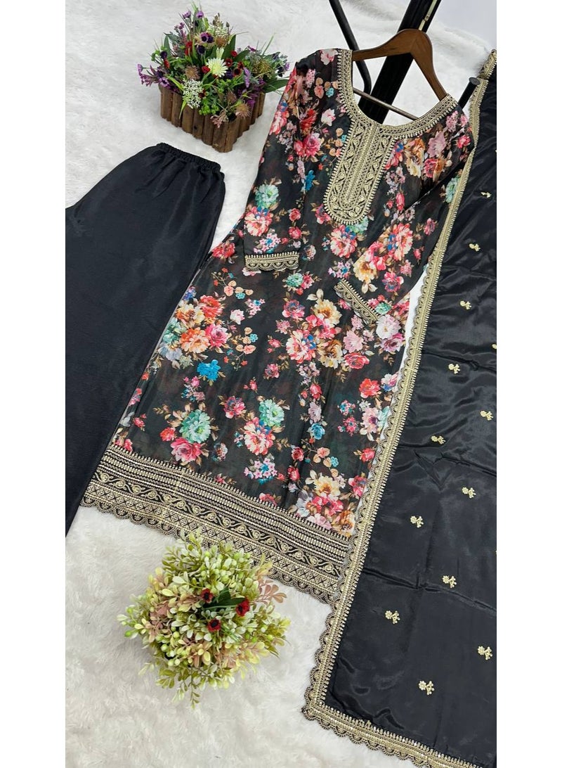 Super Asian Elegant Pure Chiffon Silk Digital Printed Suit Set with Embroidery Sequence Coding Work | Pant & Dupatta - Image 2